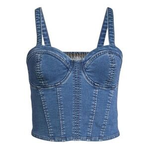 Juniors Denim Bustier Crop Top Size M/7-9 Blue Smocked Stretch Coquette Festival